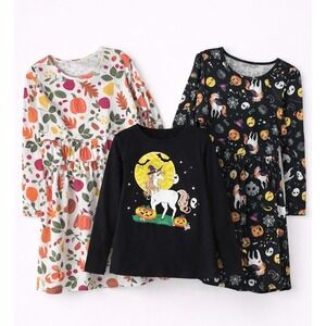 The Childrens Place Girls Halloween Fall 3pc Set Unicorn Pumpkin Dresses 5/6